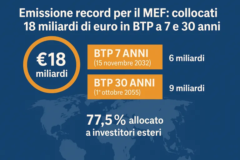 Emissione record per il MEF: collocati 18 miliardi di euro in BTP a 7 e 30 anni