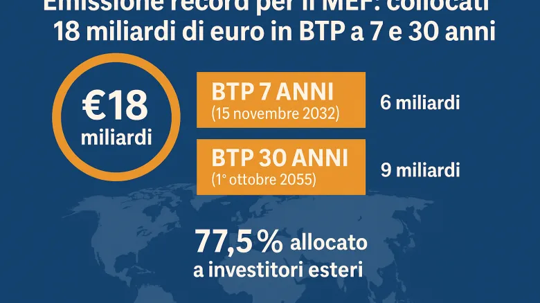 Emissione record per il MEF: collocati 18 miliardi di euro in BTP a 7 e 30 anni