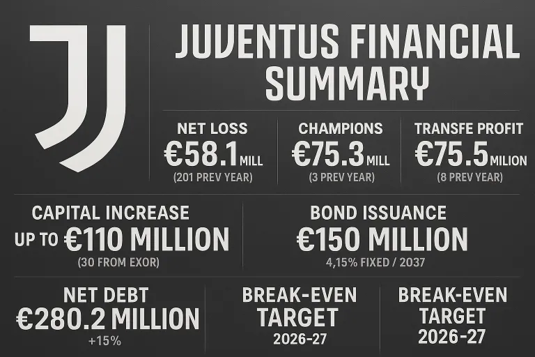 Juventus, bilancio 2024-25: perdite dimezzate ma indebitamento cresce