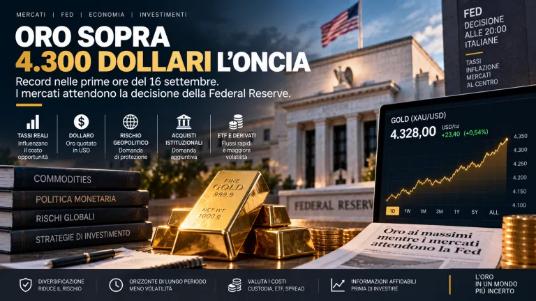 Oro sopra 4.300 dollari in attesa della Fed: cosa muove il prezzo