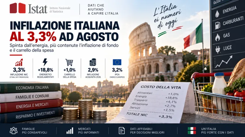 Inflazione Italia ad agosto: stima al 3,3%, energia decisiva