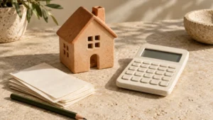 Casa, calcolatrice e documenti per leggere il piano di ammortamento del mutuo